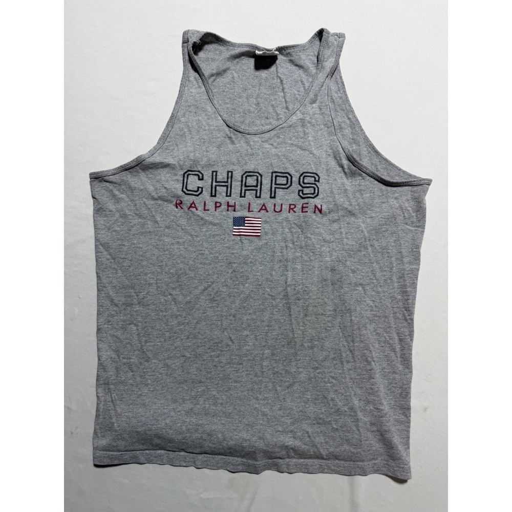 Vintage Chaps Ralph Lauren Tank Top Mens XL Gray Spellout USA Flag 90s Cotton